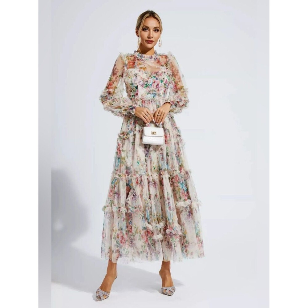 NWT CATCHALL Floral Ruffle Mesh Tiered Maxi Dress Romantic Cottagecore